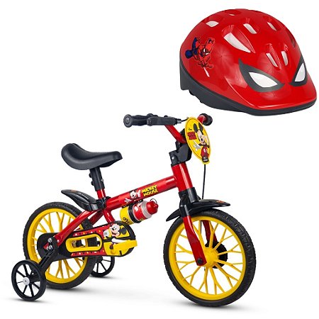 Kit Bicicleta Infantil Mickey Aro 12 Com Rodinhas E Capacete