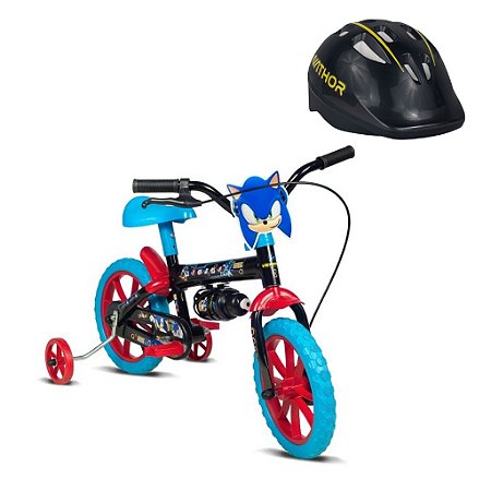 Kit Bicicleta Infantil Sonic Aro 12 Preto e Azul e Capacete