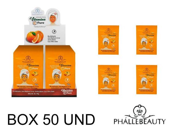 BOX - MÁSCARA FACIAL SACHE PHÁLLEBEAUTY C/ 50 PEÇAS - VITAMINA C