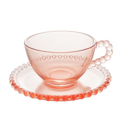 Set 4 Crystal Tea Cups with Saucer Heart Pearl Pink 180ml