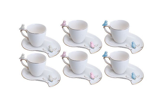 Cj 6 Xícaras Porcelana Café Cute Birds Colorido Wolff 90ml