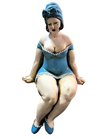 ESCULTURA PIN-UP EM GESSO MULHER SENTADA AZUL