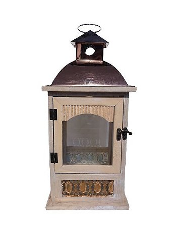 LANTERNA DECORATIVA EM MADEIRA E METAL ROSE GOLD P