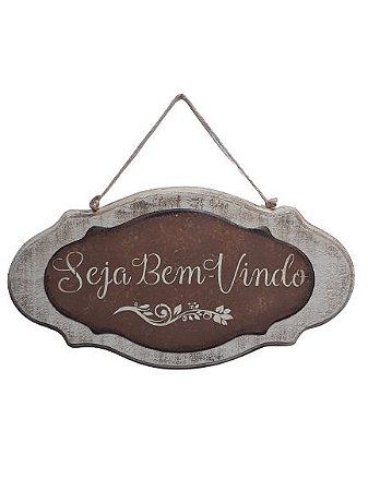 Placa decor em madeira creme Seja Bem vindo