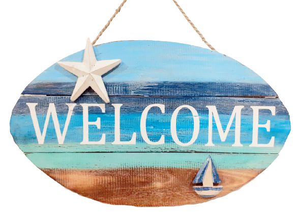 PLACA DECORATIVA WELCOME COM BARCO EM MADEIRA DE BALI AZUL