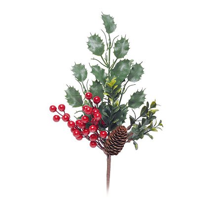 GALHO DECORATIVO FOLHAS FRUTAS E PINHA VERMELHO E VERDE