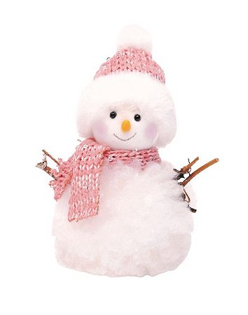 BONECO DE NEVE DECORATIVO COM GORRO E CACHECOL BRANCO E ROSA