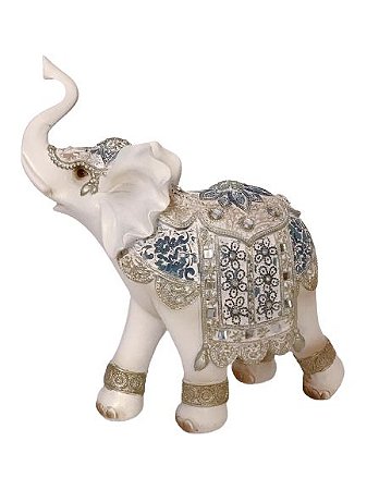 ESCULTURA DECORATIVA ELEFANTE BRANCO E AZUL EM RESINA G