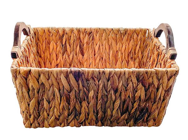 CESTA DE PALHA RETANGULAR COM ALCA EM MADEIRA P