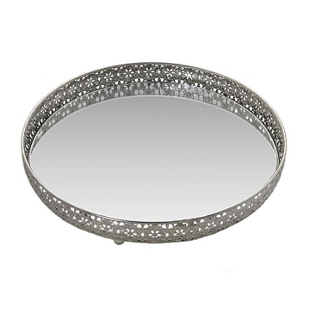 BANDEJA DECORATIVA COR PRATA COM ESPELHO 27 CM DIAMETRO