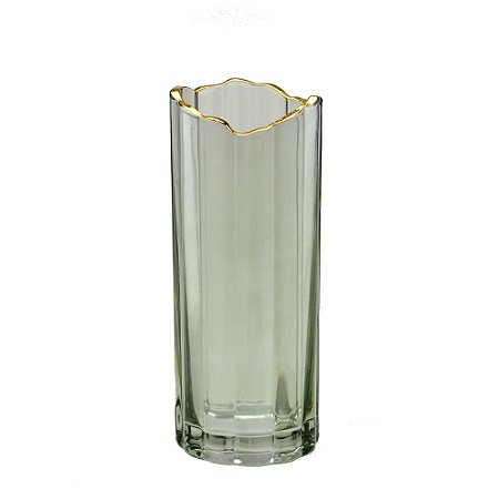 VASO DECORATIVO DE VIDRO  ESVERDEADO COM BORDA DOURADA P
