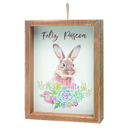 QUADRO DECORATIVO FELIZ PASCOA COM COELHO FLORAL