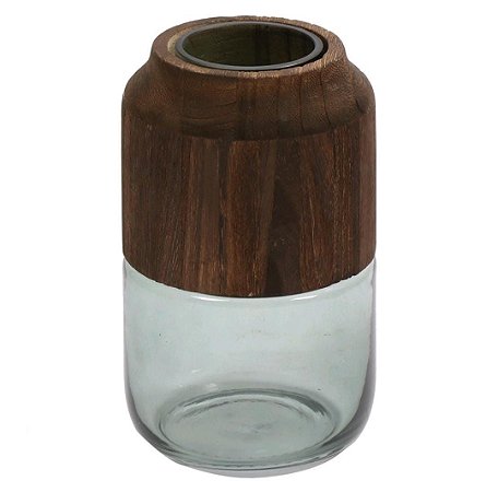 VASO DE VIDRO E MADEIRA MARROM OVAL DECORATIVO