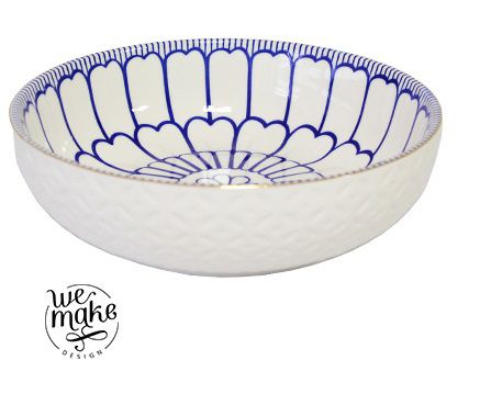 BOWL TIGELA EM PORCELANA BRANCO COM DESENHOS EM AZUL P