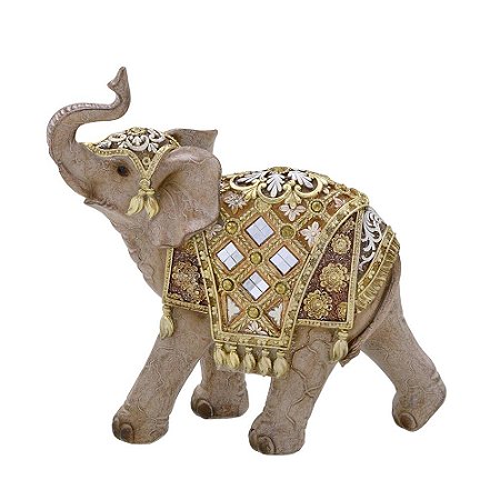 ESCULTURA ELEFANTE DECORATIVO COM DETALHES DOURADO E PEDRAS