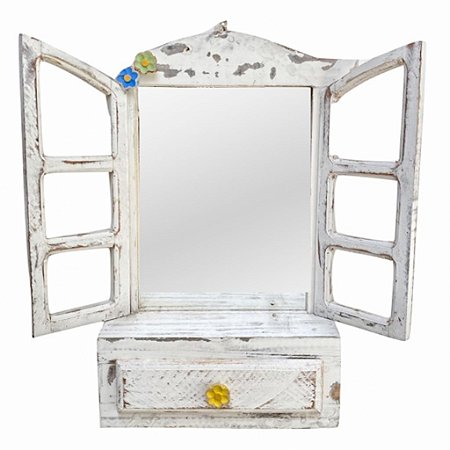 Janela Decorativa em madeira com espelho e gaveta color