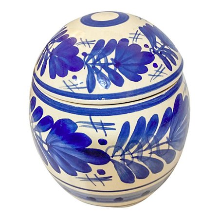 Pote Ovo com tampa em Ceramica Talavera Artesanal  Azul Folhas