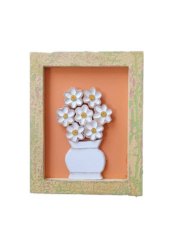 QUADRO DECOR  LARANJA C/VERDE E FLORES BRANCAS EM MADEIRA