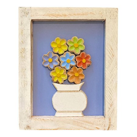QUADRO DECOR  C/FUNDO ROXO E FLORES COLORIDAS EM MADEIRA