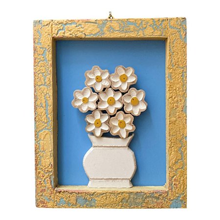 QUADRO DECOR  AZUL COM VASO DE FLORES BRANCAS EM MADEIRA