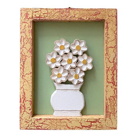 QUADRO C/PATINA VERMELHA E VASO DE FLORES BRANCAS EM MADEIRA
