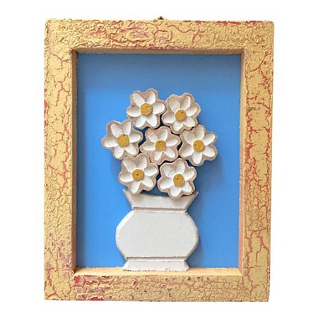 QUADRO C/FUNDO AZUL E VASO DE FLORES BRANCAS EM MADEIRA