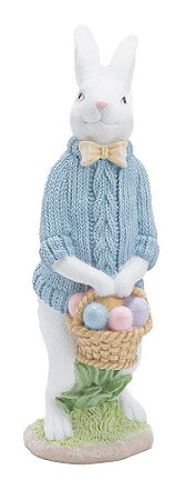 ESCULTURA COELHO DECOR EM RESINA C/ROUPA DE LA E CESTO DE OVOS G (CUTE FAM
