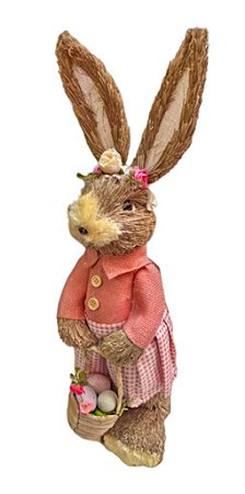 Coelha Palha com vestido Rosa e cesta de ovos e flores