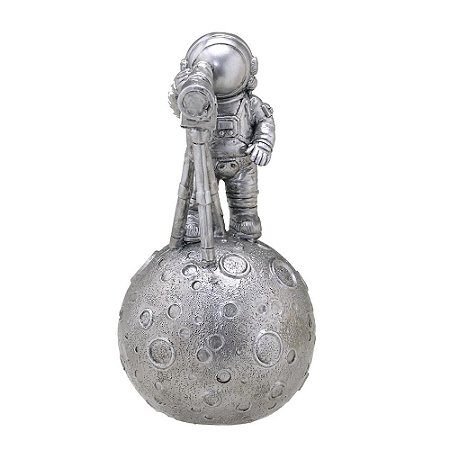 ESCULTURA ASTRONAUTA DECORATIVO EM RESINA C/ TELESCOPIO PRATA