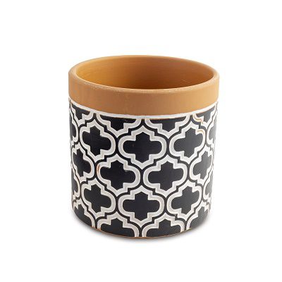 VASO EM CERAMICA TERRACOTA PRETO E BRANCO COM DESENHOS