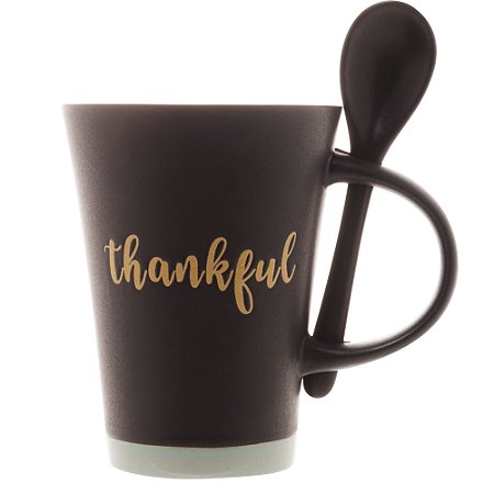 CANECA CERAMICA C/COLHER THANKFUL PRETO MATT/AZUL 310ml