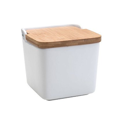SALEIRO DE MESA DE CERAMICA C/TAMPA DE MADEIRA BRANCO