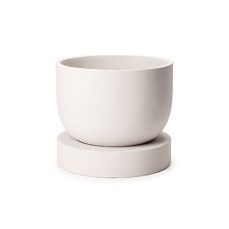 CACHEPOT GEOMETRICO EM CIMENTO BRANCO COM PRATO G