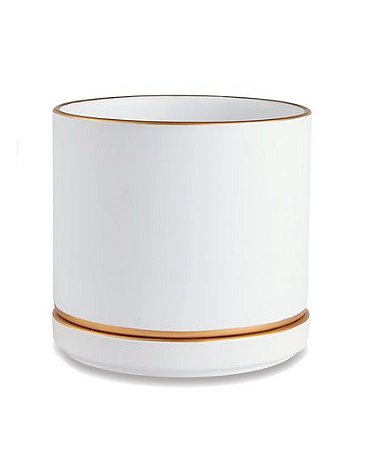 CACHEPOT BRANCO COM PRATO E FILETE COBRE EM CERAMICA P