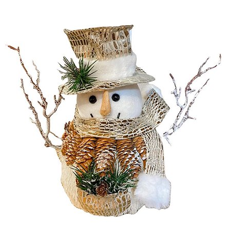 Boneco de Neve  com roupa e chapeu e braços de galho 26cm