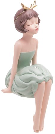 ESCULTURA DECORATIVA DE RESINA MENINA BONECA SENTADA VERDE