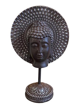 ESCULTURA CABECA DE BUDA DECOR COM BASE ESTILO BRONZE ANTIGO