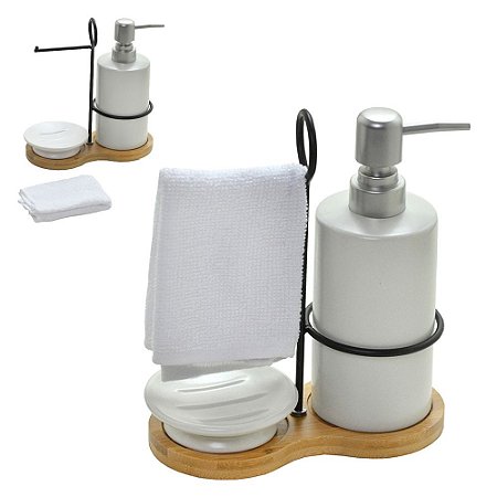 KIT SABONETE LIQUIDO SUPORTE E TOALHA BANHEIRO BRANCO