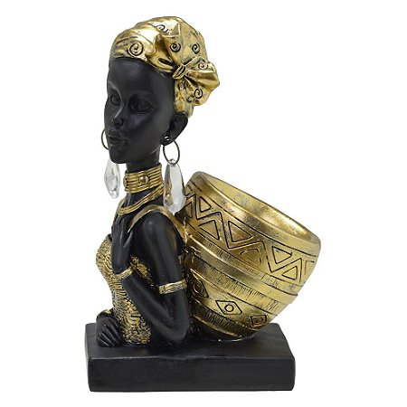 ESCULTURA BUSTO AFRICANA DECORATIVA COM CACHEPOT 24cm