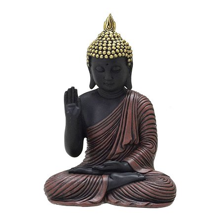 ESULTURA BUDA DECORATIVO PRETO MARROM E DOURADO 21,5cm