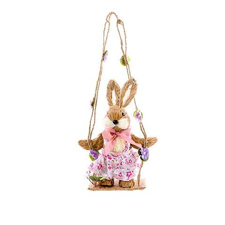 Coelha de Pascoa em palha pendente vestida