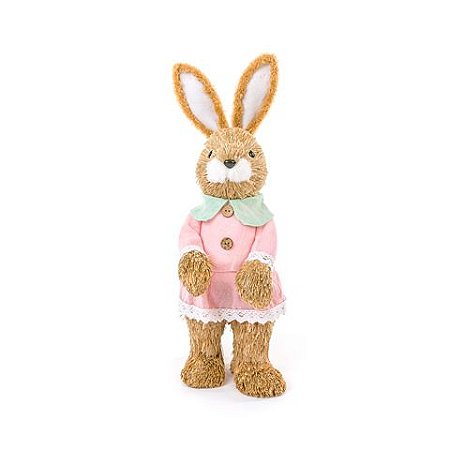 Coelha em Palha Rustica em Pe com vestido rosa - 46cm