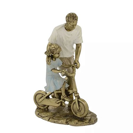 ESCULTURA DA FAMÍLIA PAI COM FILHA NA BICICLETA EM RESINA