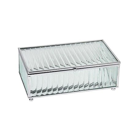 CAIXA DECORATIVA DE VIDRO CANELADO METAL PRATEADA