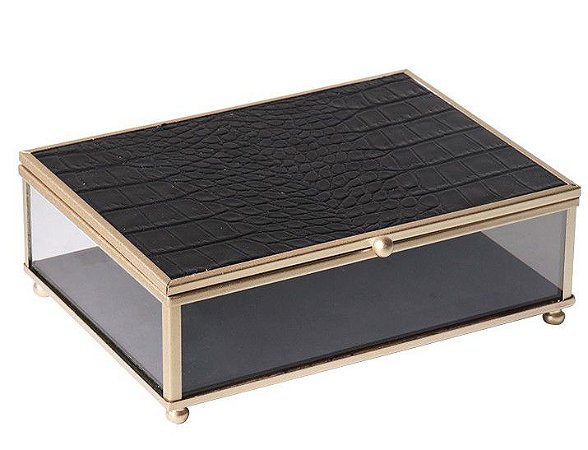 CAIXA DECORATIVA VIDRO, METAL E COURO PRETA E DOURADO 18CM