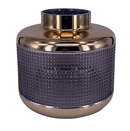 VASO DE VIDRO FUME COM DOURADO BOJUDO 22cm