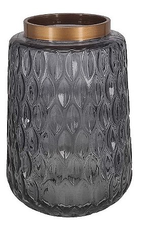 VASO DE VIDRO FUME CRAQUELADO COM BORDA DOURADA 20cm