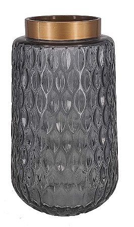 VASO DE VIDRO CRAQUELADO FUME COM BORDA DOURADA 26cm