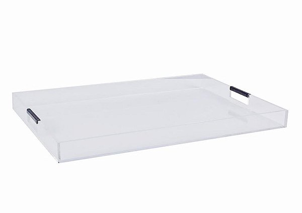 BANDEJA DE ACRILICO TRANSPARENTE COM ALCA COURO PRETO 65cm