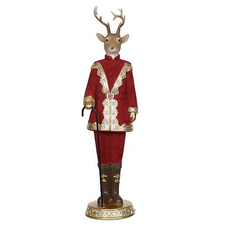 ESCULTURA RENA NATAL EM RESINA C/BENGALA  (VERMELHO DOURADO)